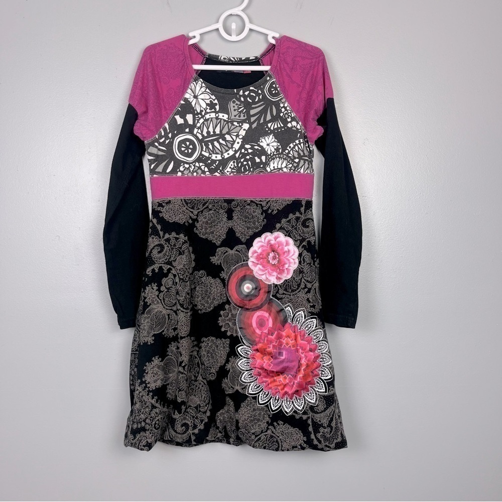 Desigual girls black pink & white long sleeve bubble hem dress, size 11/12.